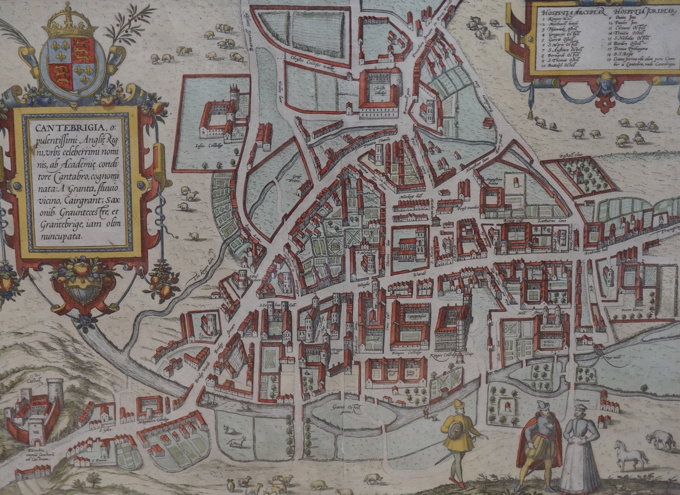 After Georg Braun (1541-1622), hand coloured engraved map of Canterbury, 33 x 45cm. Condition - fair